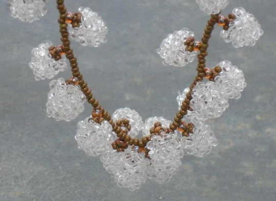 Old Man's Beard Garland Necklace, Seed Bead Flower in Crystal, Bronze & Brown Czech Seed Beads, UK Seller
