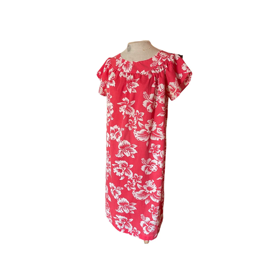 Vintage Cotton Hawaiian Muumuu // 1970S Coral & White Hibiscus Dress Comfy Beachwear Free Size