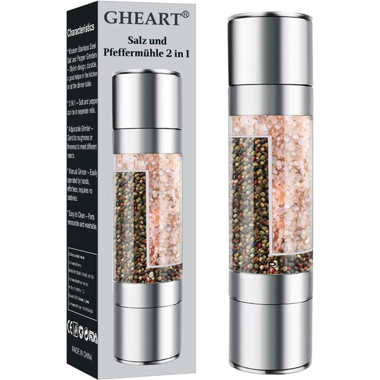 Pepper Mill, Manual Salt Mill, 2 in 1 Spice Mills, Adjustable Grit, Pepper and Salt Shakers, Brushed Steel Salt and Pepper Mill with Built-in Ceramic