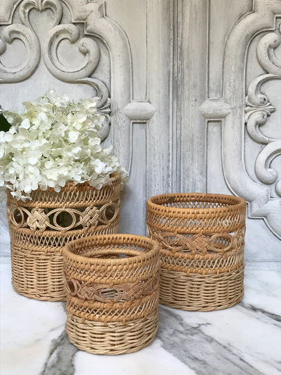 Vintage Rattan Nesting Baskets/Celtic Knot Set Of Three Wicker Planters Boho Chic