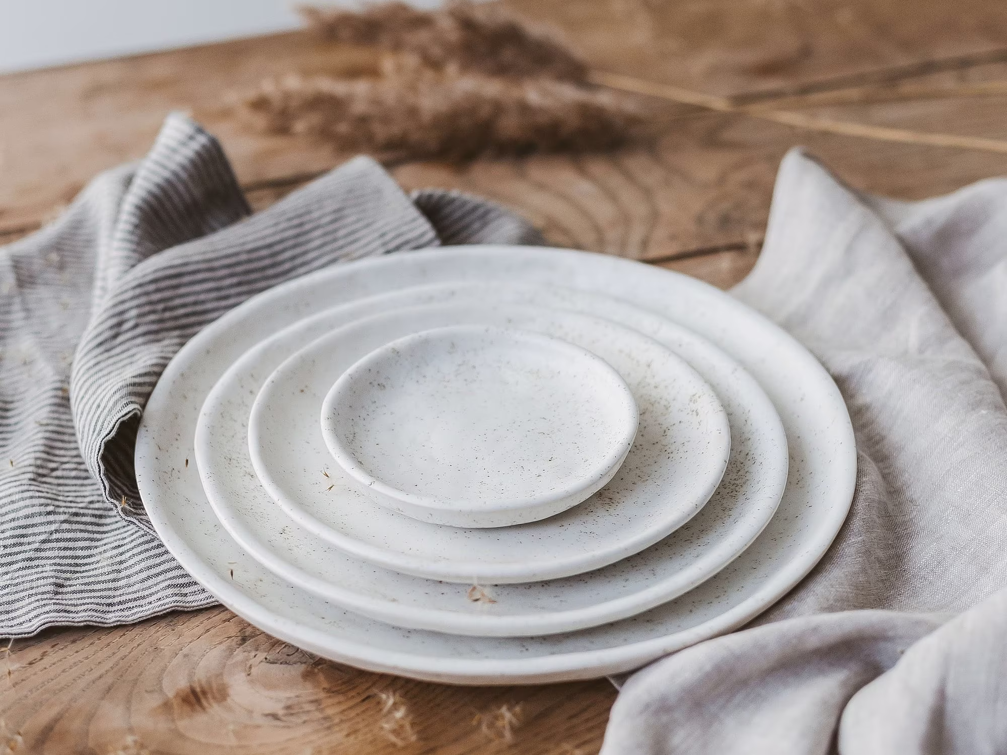 4 Ceramic Plates Set, Organic Stoneware Dinnerware Irregular Dinner Plates, White Speckled Handmade Pottery Dish Set