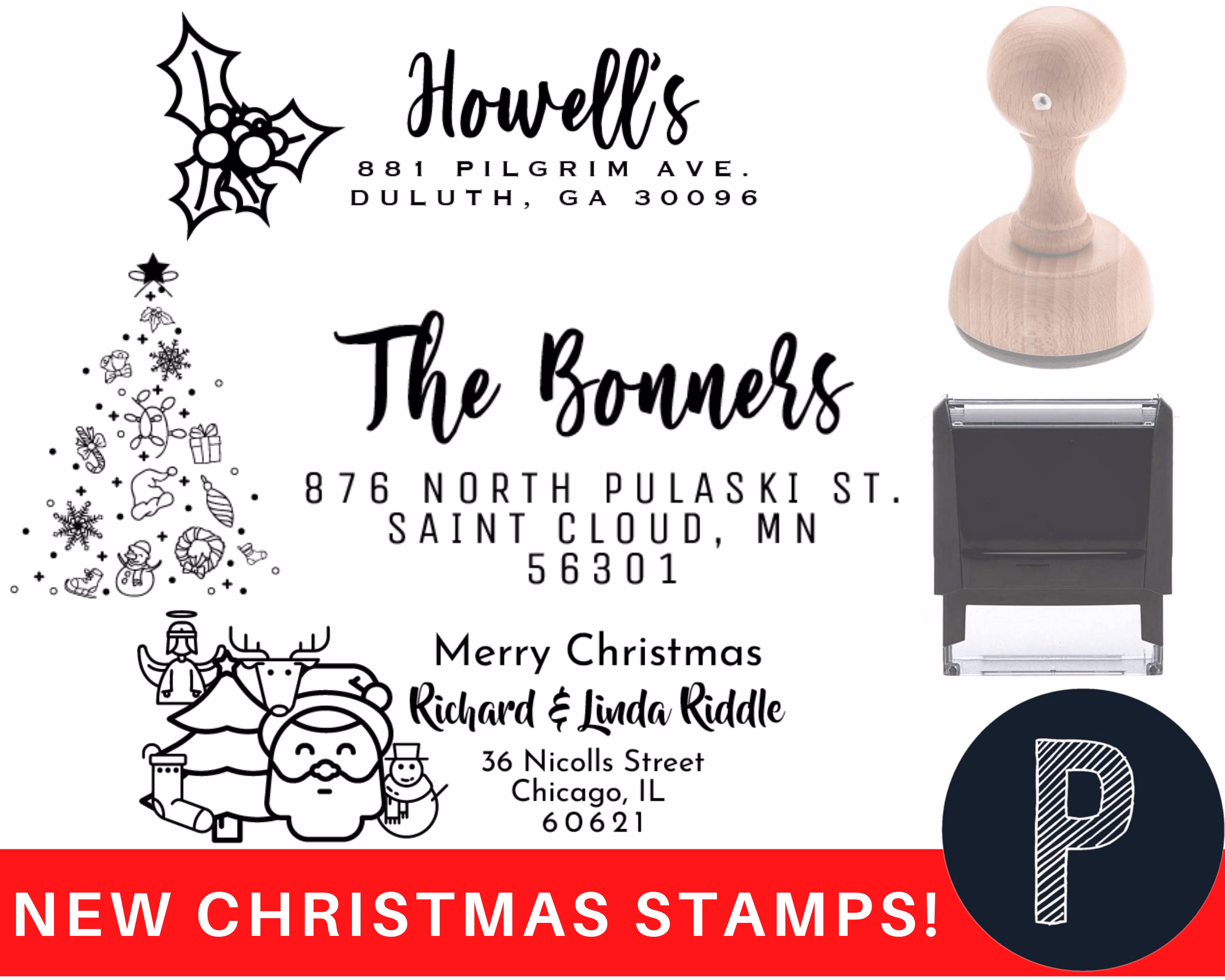 Christmas Stamps, Xmas Gift, Address Stamper, Cards, Return Stamp, Personalized Gifts, Holiday Season, Santa, Custom Stamp