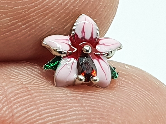 Tragus Helix Labret Flower Pink Enamel Hibiscus 16G | 1.2mm Enamelled With Red Cz Per Stone - Surgical Steel Bar UK | Bxs2L32
