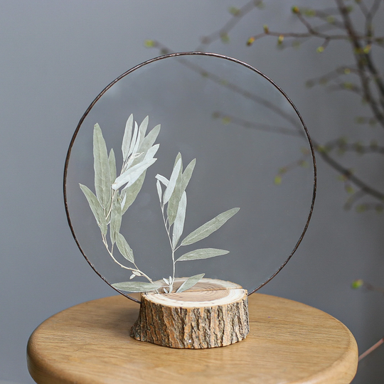 Pressed Botanical Frame, Glass & Wood Decor, Framed Dried Plant, Real Herb Art, Herbarium Home Round Table Centerpiece