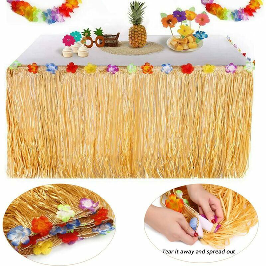 Hawaiian Table Skirt - 276*75CM Hawaiian Luau Hibiscus Grass Table Skirt with Faux Silk Flowers for bbq Tropical Garden Beach Summer Tiki Party
