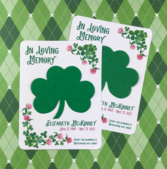 In Loving Memory Seed Paper Shamrock Personalized Plantable Cards | Set Of 12 - Seeded Recycled, Celtic, Clover Design Memorial