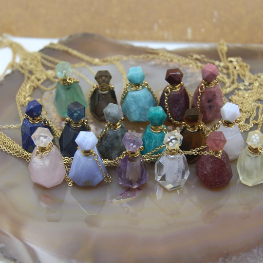 Faceted Gemstone Perfume Bottle Pendant Gold Necklace, Fluorite Amazonite Lapis Rose Quartz Essential Oil Diffuser Vial Charms Women Jewelry
