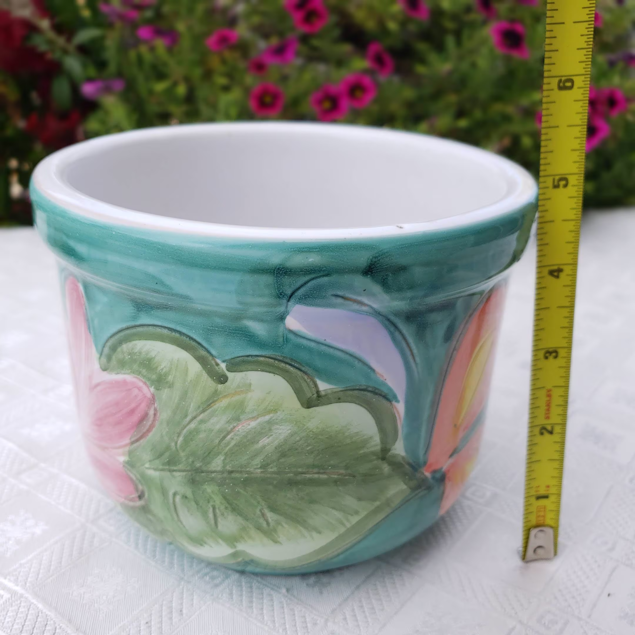 Italian Hand Painted 6 Inch Bowl Floral Flower Pot Planter Glazed, Lavorato E Dipinto A Mano, Greens Pink Peach Yellow