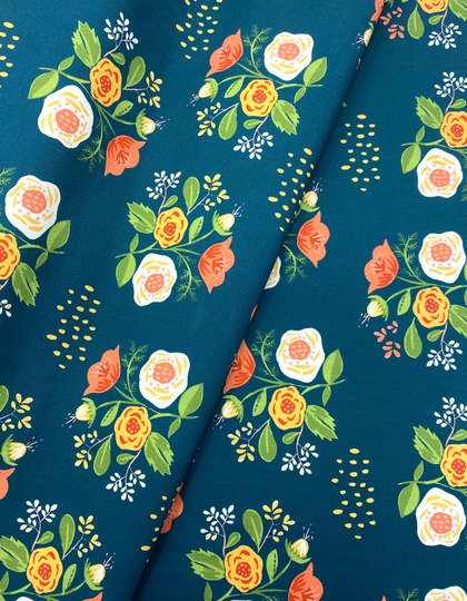 Bouquet On Teal Poplin/Vintage 74/Jennifer Moore/Monaluna/100% Organic Cotton/By The Half Yard Or