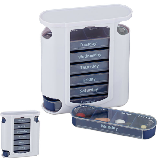 Set of 2 Relaxdays 7-Day Pill Towers, Weekly Medicine Boxes, 4 Compartments, Sliding Lids, Blue/White