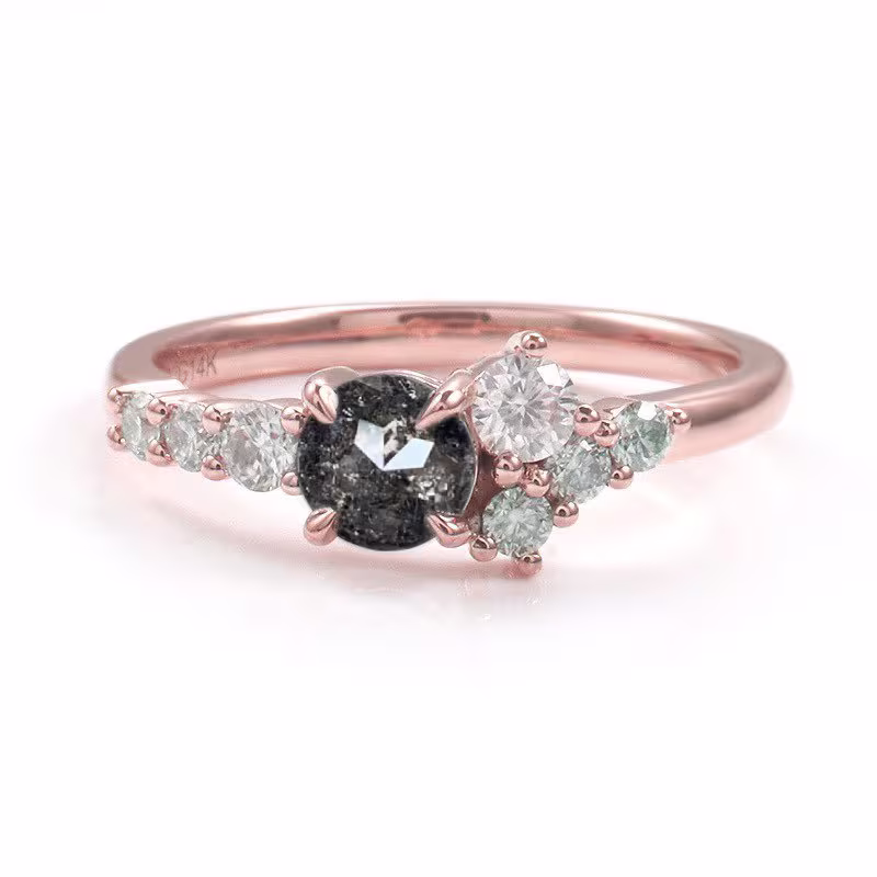 Salt & Pepper Diamond Engagement Ring | Unique Grey Cluster Wedding Bridal 9K/14K/18K Rose Gold