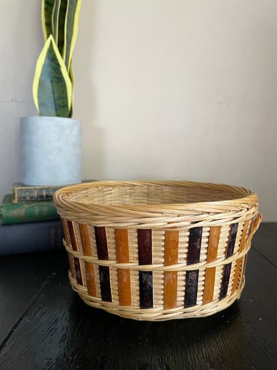 Vintage Wicker Checkered Basket Bowl Planter Plant Pot Holder Bathroom Vanity Weave Weaved Container Rattan Wood Bohemian Boho Stripe