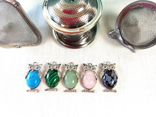 Tea Infuser With Silver Owl Pendant Natural Quartz Stone, Amethyst Rose Aventurine Crystal, Strainer Maker Ball Steeper Heart
