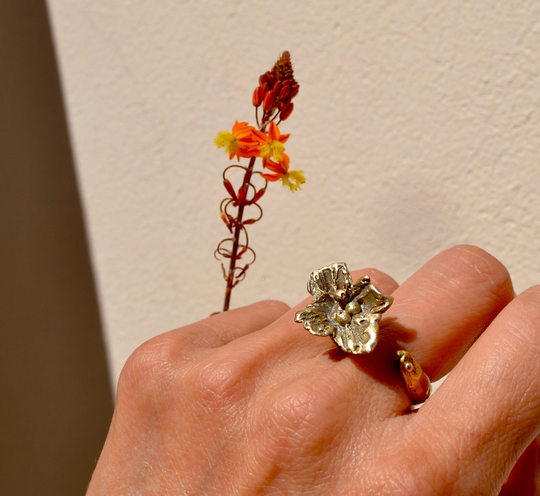 Flower Ring, Golden Organic Hand Carved Nature Inspired Designer Jewelry, Gift For Her, Unique Design, Open Flower Ring