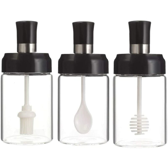 Seasoning Containers 3 Pack Glass Spice Jars Clear Container Sealed Box Lid with Brush Spoon Honey Stick Kitchen Bottles - Black