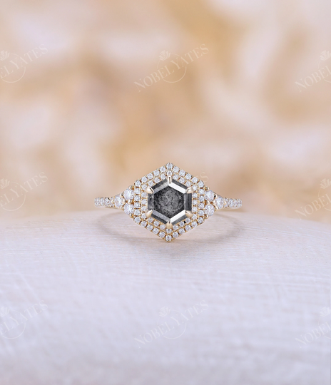 Vintage Salt & Pepper Diamond Engagement Ring Hexagon Shape Halo Moissanite Yellow Gold Band Unique Anniversary