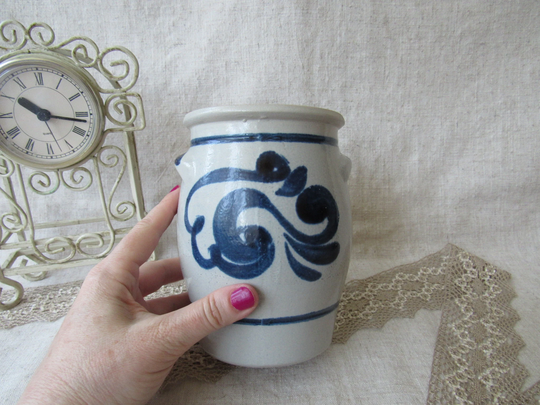 Vintage Salt Glazed Vase, Ceramic Blue Stoneware Jug, German Pot, Cobalt Gray Vase