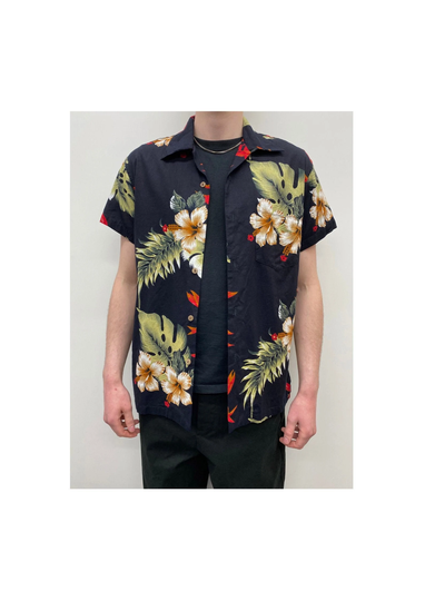 Bold Vintage Hawaiian Shirt Large Tropical Design Palm Leaves Hibiscus Flowers With Coconut Shell Buttons - UK Size Men's M/L