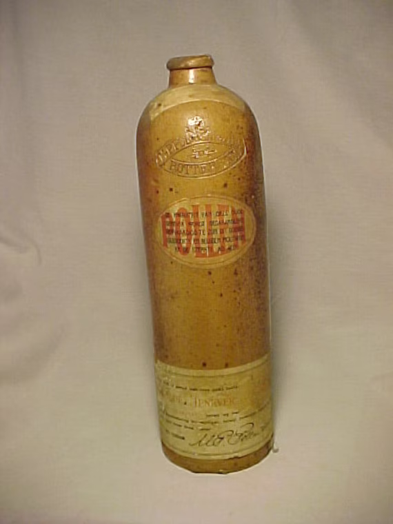 C1890-1900 Oude Jenever Gin M. P. Pollen & Zoon Rotterdam, Stoneware Bottle With The Original Paper Labels, Jug, Back Bar