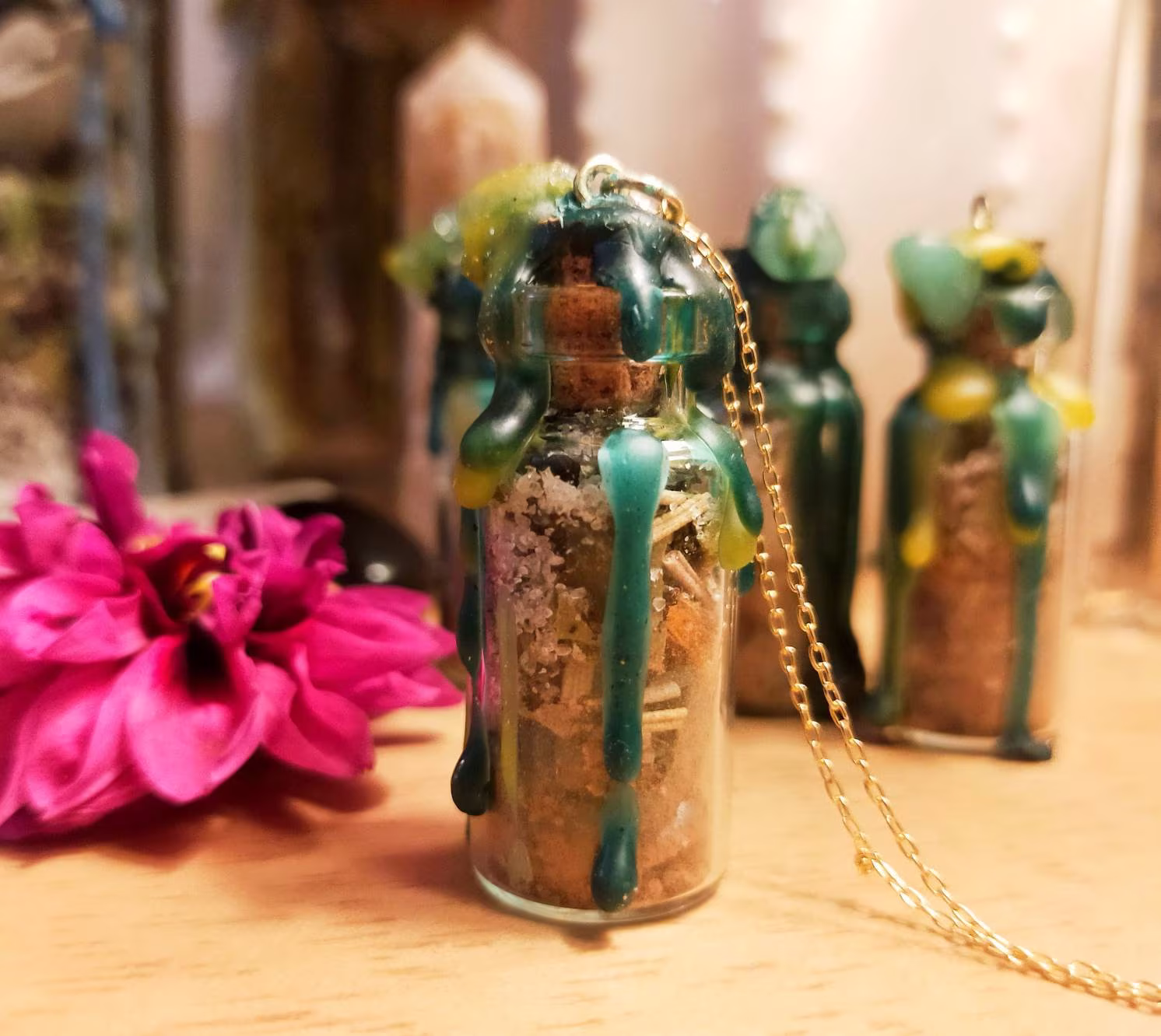 Abundance, Prosperity Spell Jar Necklace For Manifestation Of Money & Success With 8 Green Adventurine Crystals On Gold Filled Chain
