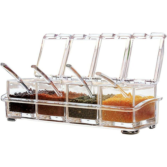 1 Set Acrylic Seasoning Box Set, Condiment Jars Storage Case - Cruet with Lid and 4 Spoon, Kitchen Utensils