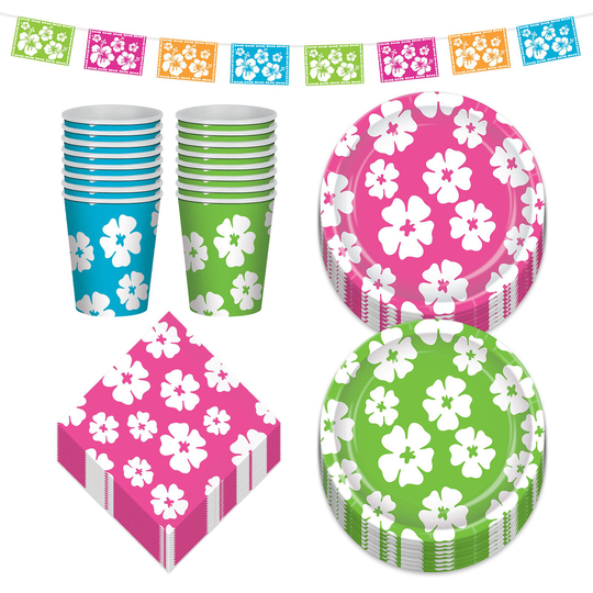 Hibiscus Flower Luau Party Paper Dessert Plates, Napkins, Cups, & Banner Garland | Serves 16