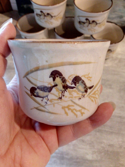 Six Very Pretty Japanese-style Set Of Tea Cups - Vintage French Or Ramekins Bird Design Grès
