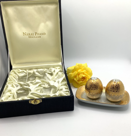 Vintage Thai Benjarong Salt & Pepper Shaker Set in Wooden Presentation Box