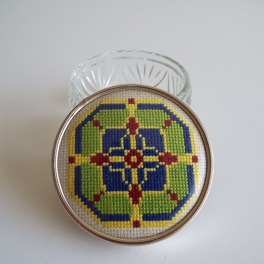 Vintage 1950's Glass Powder Bowl With Embroidered Lid Trinket Cross Stitch Geometric Pattern Vanity Item Dressing Table Boudoir Retro