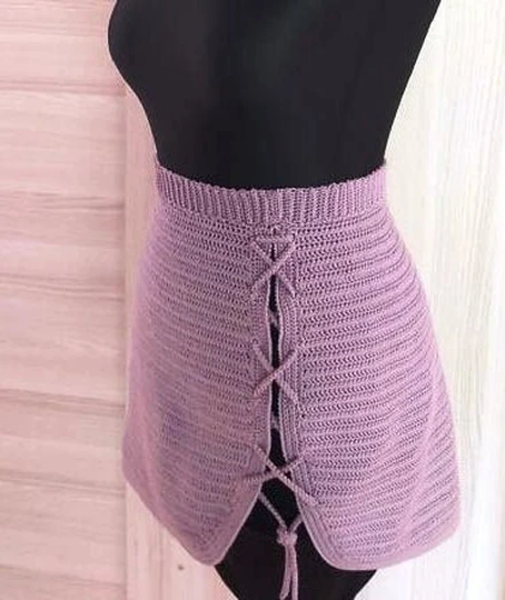 Crocheted Side Slit Mini Skirt, Lavender Skirt With A Deep Opening On The Side, Skirt For All Seasons, Asymmetrical Summer Woman