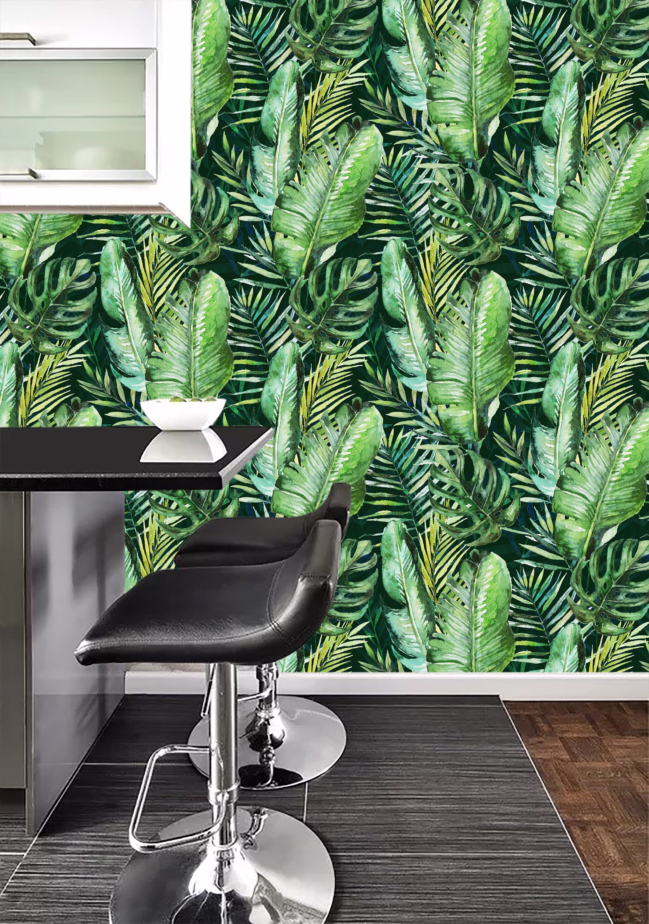 Tropical Palm & Fern Leaves Watercolor, Green Home Decor, Peel & Stick, Removable Wallpaper, Floral Wallpaper, Botanical Wall Art
