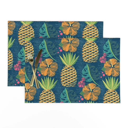 Retro Pineapple Placemats | Set Of 2 - Tropical Tiki By Robinpickens Hawaiian Luau Cloth Spoonflower
