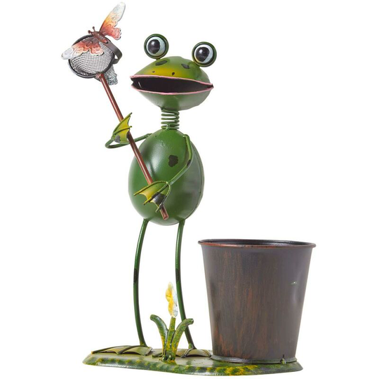 Metal Frog with Butterfly Net and Flower Pot, 31 cm Tall - Green - Homescapes