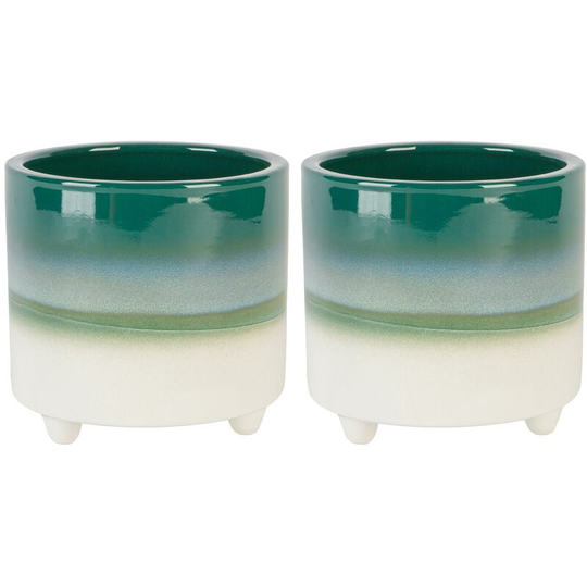 Reactive Glaze Footed Plant Pots - 14cm - Emerald - Pack of 2 - Nicola Spring