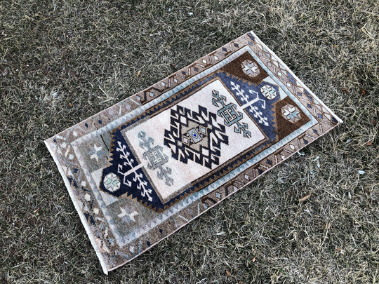 Neutral Vintage Rug, Small Oushak Runner, Mini Turkish 2x3 Boho Oriental Door Mats, Brown & Blue Entry Rug Indoor 1'9"x3'1