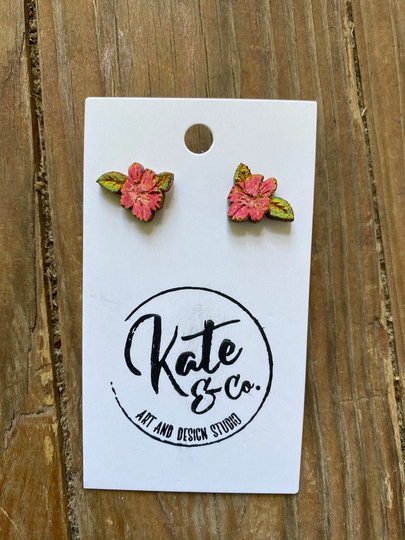 Pink Hibiscus Stud Earrings - Hand Colored