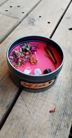 Self Love Spell Wiccan Pagan Wild Berry, Strawberry & Vanilla Soy Wax Crystal Candle With Herbs Rose Petals Spell Words Witch Cinnamon