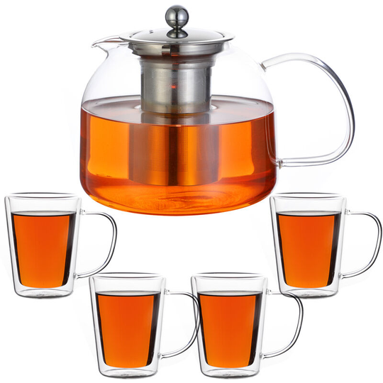 Monzana - Teapot Glass 1.5L Pot 4 Pieces Set Thermo Double Walled Stainless Steel Infuser