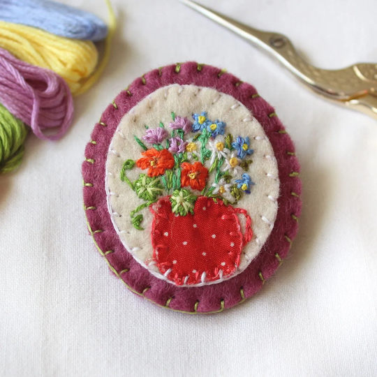 Embroidered Herb Flowers Brooch With Nasturtium, Wild Chive, Chamomile & Borage