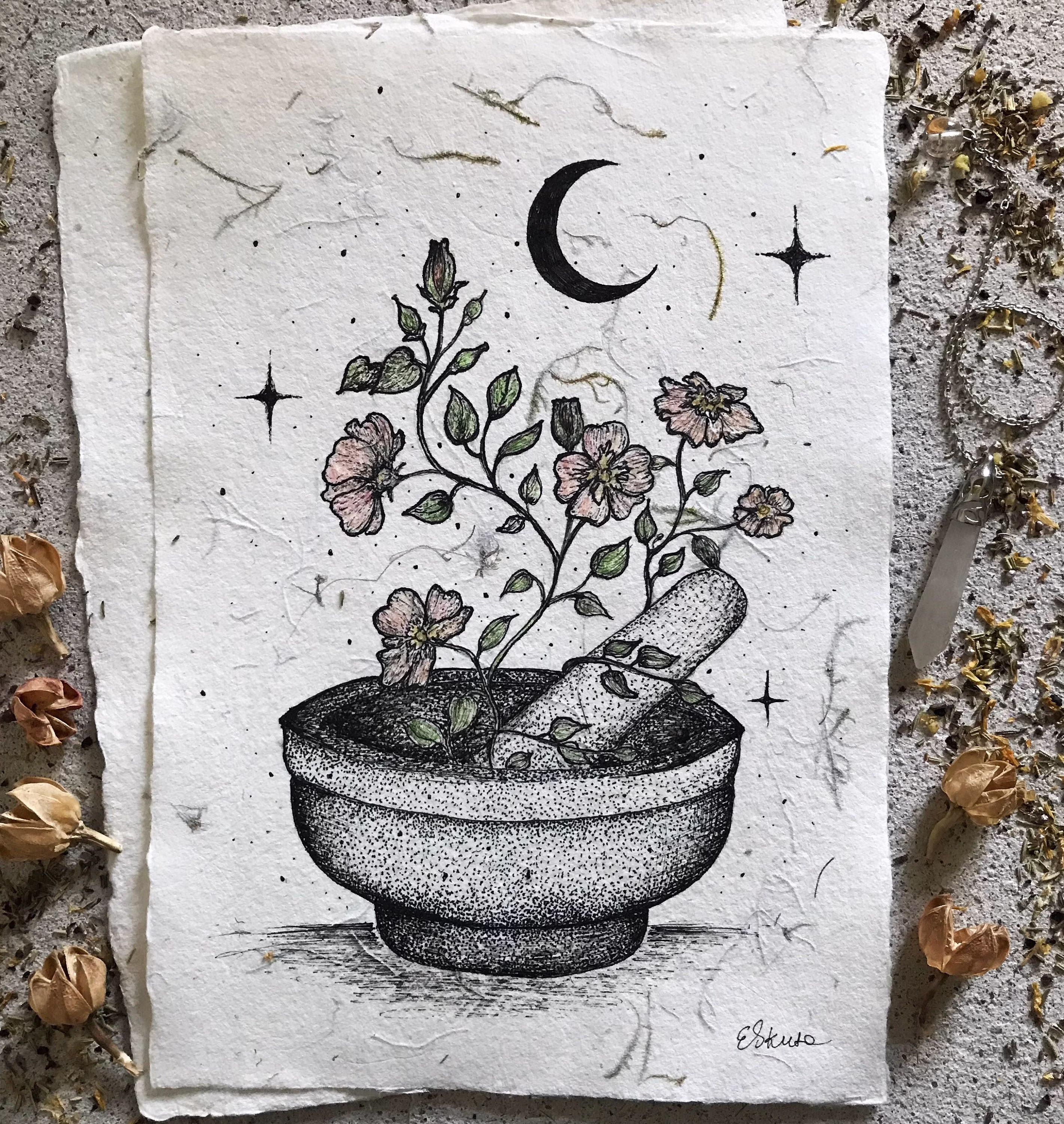 Mortar, Pestle & Herbs - Original Drawing On Handmade Paper/ Herbalist's Cabin Decor/ Witchy Green Witch Art