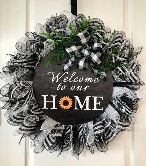 Welcome To Our Home Interchangeable Sign Wreath, Seasonal Welcome Door Sign With Ornaments, Eucalyptus, All Year Wreath