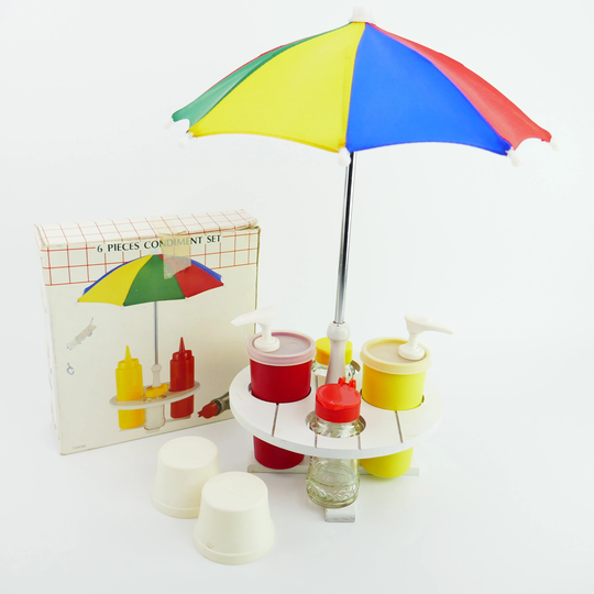 Vintage 6 Pieces Condiment Set Shakers Salt Pepper Mustard Ketchup Tupperware Rainbow Umbrella Rack