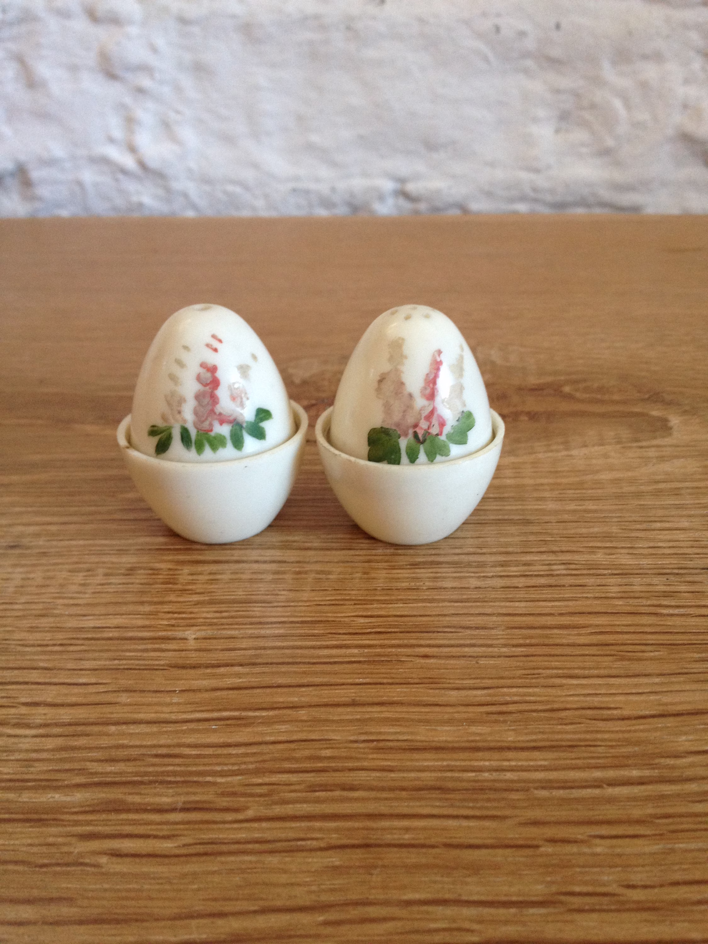 Vintage Handpainted Emmell Cruet Set. With What Looks Like Stocks Or Foxgloves Salt & Pepper Shakers. Little Egg Shaped Good Condition