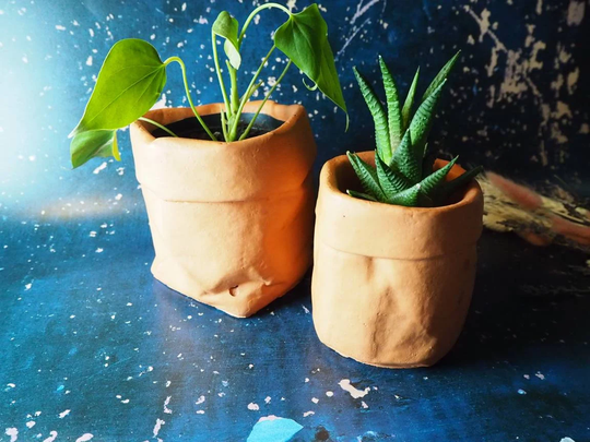 Saggy Sack, Plant Pot, Indoor, Outdoor, Large, Small, Rustic, Stone, Ecoresin, Home, Gift, Garden, Kitchen, Terracotta, Ecopackaging, 2 Set
