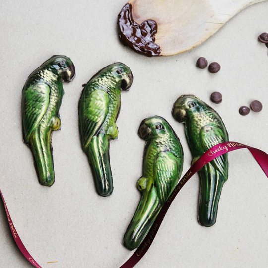 Four Hand Painted Belgian Dark Chocolate Parakeets