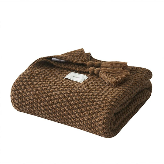 Tinor - Knit Blanket Plaids Sofa Bedspread Table Mat Soft Warm Nordic Bed Throws with Handmade Fringe for Beach Picnic All Seasons (Brown,130 x 170cm)