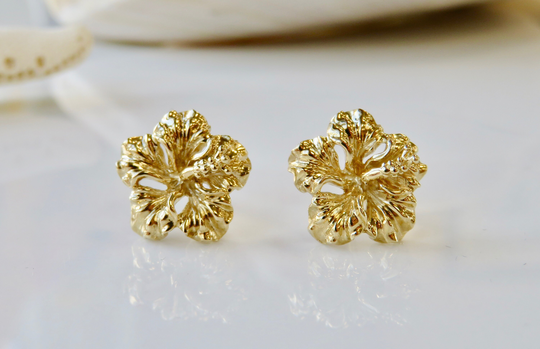 14 Karat Solid Gold Hibiscus Flower Earrings | Stud Hawai'i State Fine Jewelry Made In