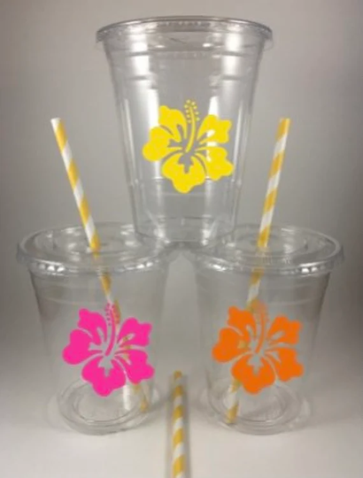 Hibiscus Party Cups Birthday Hawaiian Disposable With Lids Straws Personalized