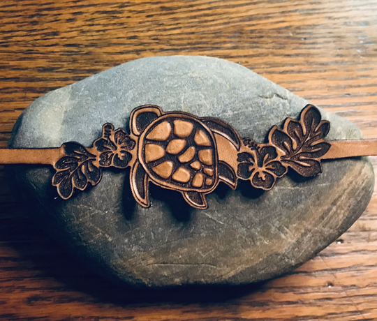 Sea Turtle & Hibiscus Engraved Bracelet With Silver Onto Black Faux Or Genuine Leather, For Women, Men, Children