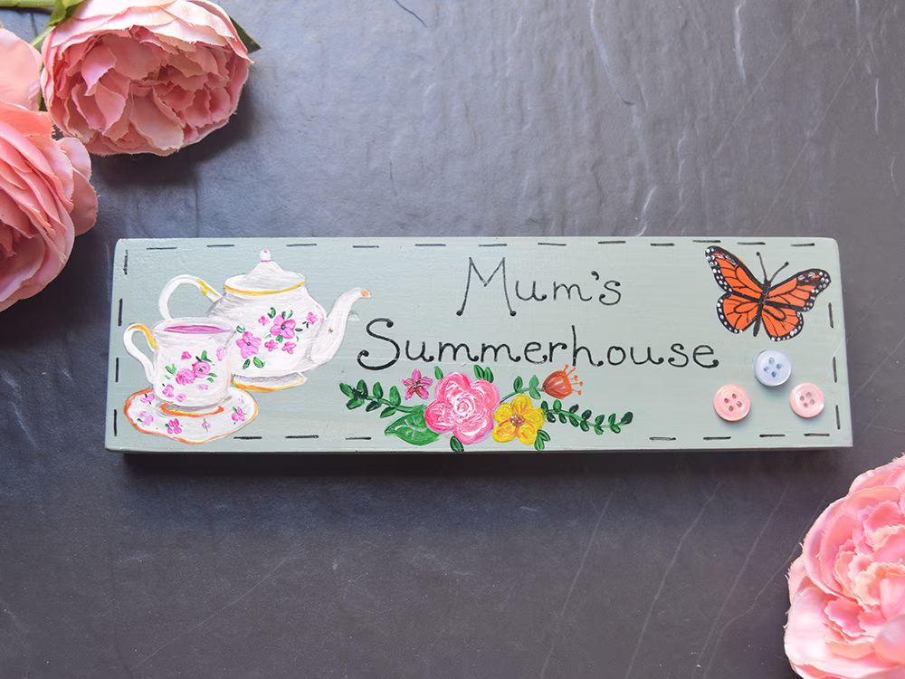 Summerhouse Personalised Wooden Sign | Tea Party Roses English Cottage Garden Gift Butterflies Teapot & Cups